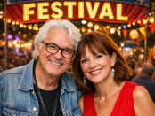 Smiling man and woman at a festival with bright event banner