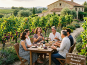 Six people sitting around a wooden table in a vineyard tasting wine and eating cheese and bread.