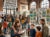 Primary school art exhibition with ecological paintings and recycled sculptures in a community hall