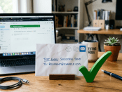 Envelope with test email send notice in front of laptop showing successful Gmail email delivery