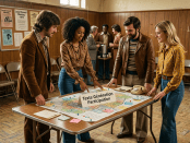 Four colleagues using an interactive touchscreen table for brainstorming