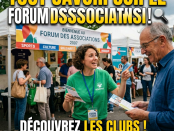 Volunteer in green shirt discussing clubs with a man at a community forum