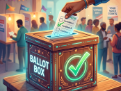 Hand placing a ballot marked for Candidate B into a ballot box at a polling station with people voting in booths