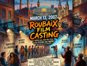 Illustrated poster for Roubaix film casting call on March 13, 2007, with people lining up and film staff