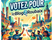 Group of diverse people holding devices and signs supporting leBlog2Roubaix vote campaign