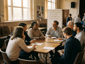 People sitting around a table discussing community issues with notes and a whiteboard