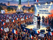 Crowd attending 2007 French presidential campaign rally waving French flags and holding signs