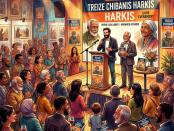 People attending a book launch event for 'Treize Chibanis Harkis' with speakers on stage