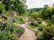 Gravel garden path with wooden bridge, flowers, and greenery