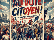 French citizens marching with flags and signs promoting voting, democracy, liberty, and equality