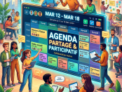Large digital shared agenda board with team members interacting and discussing tasks
