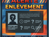 Child abduction alert poster with silhouette, question marks, and alert icons