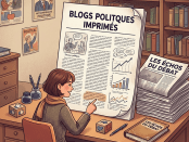 Person reading and interacting with political blogs on a laptop showing charts and discussions
