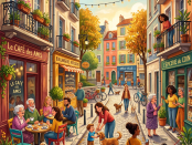 Parisian street with café, bakery, shops, people socializing, and dogs
