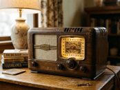 Antique Philco radio on wooden table with tuning dial and knobs
