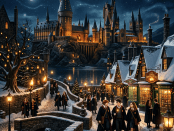 Snow-covered wizarding village with Hogwarts castle in background and students walking in robes