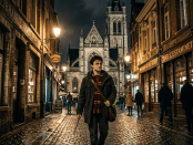 Person walking on wet cobblestone street at night near illuminated cathedral