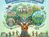 Illustration of a tree symbolizing social economy with cooperation, solidarity, local producers, fair trade, sustainable development, and inclusion concepts