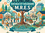 Community members engaging in social economy activities like craftsmanship, organic markets, and gardening under a large tree labeled Économie Sociale et Solidaire M.R.E.S.