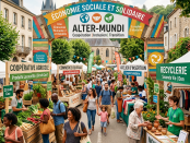 Outdoor market with stalls offering local organic produce, fair trade goods, social employment, recycling, and local currency exchange