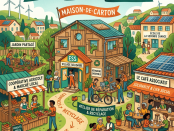 Village scene with community garden, local market, repair workshop, social café, and educational center promoting social economy