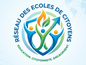 Logo with three abstract human figures holding symbols of growth, flame, and an arrow encircled by the text Réseau des Écoles de Citoyens and Education. Citoyennete. Engagement.