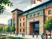 Basque Parliament building with people walking outside and Basque and Spanish flags flying